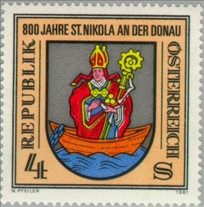 Stamp, Coat of arms of St. Nikola on the Danube, Austria,  , Rowing Boats, Saints, Coats of Arms