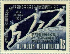 Stamp, Workers of different races reaching hands on globe, Austria,  , Globes, Trade