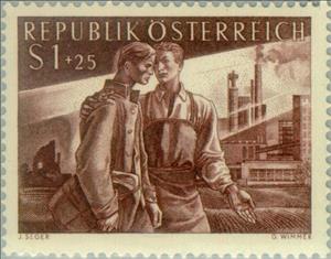 Stamp, Man returning home & industrial worker, ruins & industry, Austria,  , Factories, Industry, Professions, Ruins