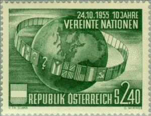 Stamp, Globe surrounded by flag of the UNO members, Austria,  , Flags, U.N.O., Globes