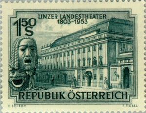 Stamp, Linz State Theatre, ancient theatre masks, Austria,  , Theatre, Masks, Buildings