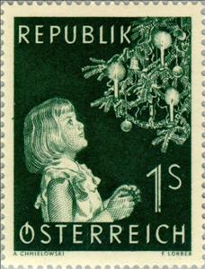 Stamp, Girl with decorated christmas tree, Austria,  , Christmas, Feasts