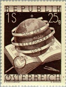Stamp, Stamp album, magnifier & globe with inscription, Austria,  , Optical Instruments, Books, Philately, Stamp Collectors, Stamp Day, Globes