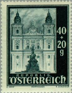 Stamp, Front of the cathedral & Maria pillar, Austria,  , Sculptures, Towers, Statues, Churches - Cathedrals - Basilicas - Chapels