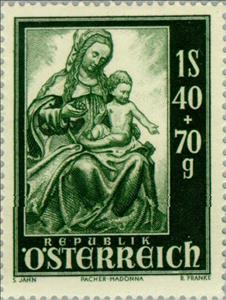 Stamp, "Belle Madonna" by M. Pacher, Austria,  , Sculptures, Religion, Statues, Churches - Cathedrals - Basilicas - Chapels