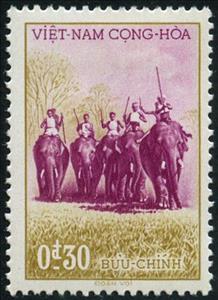 Stamp, 3rd Year Ngo Dinh Diem 2, Vietnam, South,  , Elephants, Hunting, Animals (Fauna), Anniversaries and Jubilees