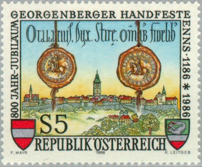 Townscape of Enns & seals of the signing partners