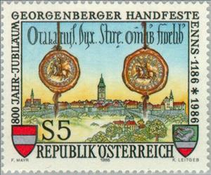 Stamp, Townscape of Enns & seals of the signing partners, Austria,  , Towers, Heraldic Animals, Coats of Arms, Seals (Emblems), Townscapes / City Views