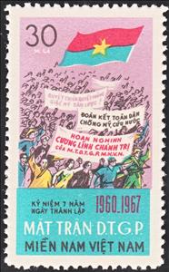 Stamp, Peoples demonstration with various banners, Vietcong, National Liberation Front,  , Flags