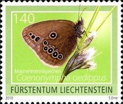 Stamp, False Ringlet (Coenonympha oedippus), Liechtenstein,  , Butterflies