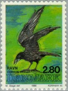 Stamp, Common Raven (Corvus corax), Denmark,  , Birds, Animals (Fauna)