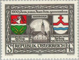 Stamp, Coat of arms of Hofkirchen and Taufkirchen, Weibern church, Austria,  , Heraldic Animals, Coats of Arms, Churches - Cathedrals - Basilicas - Chapels