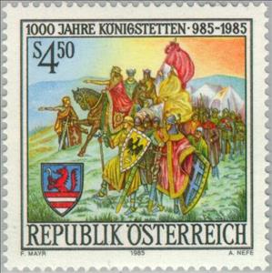 Stamp, Legendary founding of Königstetten by Charlemagne, Austria,  , Mammals, Horses, Paintings, Middle Ages, Emperors, Coats of Arms, Animals (Fauna)