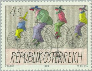 Stamp, Penny farthing bicycle carnival figures, drawing, Austria,  , Vehicles, Drawings, Cycles, Cycling, Carnival