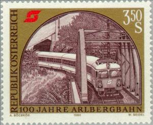 Stamp, Arlberg Railway train on the Schanatobel Bridge, Austria,  , Bridges, Railways