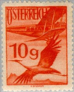 Stamp, Biplane De Havilland DH 34, Common Crane (Grus grus), Austria,  , Birds, Aviation, Animals (Fauna), Cranes (Birds), Aircrafts