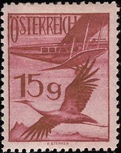 Stamp, Biplane De Havilland DH 34, Common Crane (Grus grus), Austria,  , Birds, Aviation, Animals (Fauna), Cranes (Birds), Aircrafts
