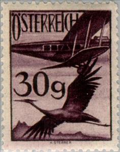 Stamp, Biplane De Havilland DH 34, Common Crane (Grus grus), Austria,  , Birds, Aviation, Animals (Fauna), Cranes (Birds), Aircrafts