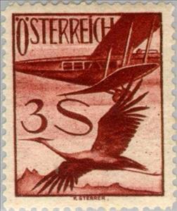Stamp, Biplane De Havilland DH 34, Common Crane (Grus grus), Austria,  , Birds, Aviation, Animals (Fauna), Cranes (Birds), Aircrafts