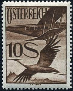 Stamp, Biplane De Havilland DH 34, Common Crane (Grus grus), Austria,  , Birds, Aviation, Animals (Fauna), Cranes (Birds), Aircrafts
