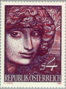 Stamp, Girls head, engraving by Ernst Fuchs (b. 1930), Austria,  , Engravings, Art