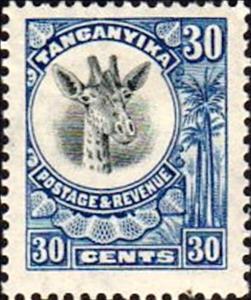 Stamp, Giraffe (Giraffa camelopardalis), Tanganyika,  , Giraffes