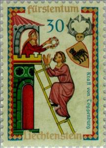 Stamp, Kraft of Toggenburg, Liechtenstein,  , Music, Middle Ages, Singers, Miniatures, Coats of Arms