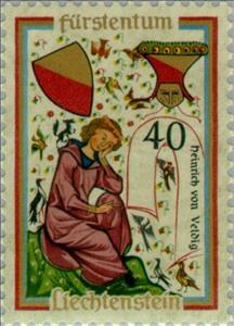 Stamp, Heinrich of Veldig, Liechtenstein,  , Birds, Music, Middle Ages, Singers, Miniatures, Coats of Arms, Animals (Fauna)