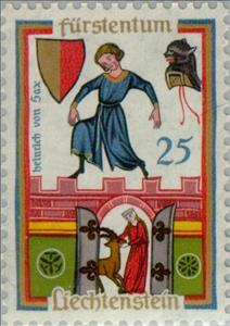 Stamp, Heinrich of Sax, Liechtenstein,  , Mammals, Music, Middle Ages, Singers, Miniatures, Coats of Arms, Animals (Fauna), Deer