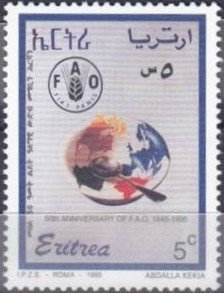 Stamp, Food bowl with world map on it, spoon, Eritrea,  