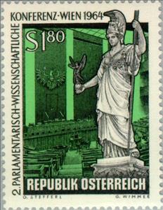 Stamp, Pallas Athena & assembly hall of the National Assembly, Austria,  , Sculptures, Mythology, Statues, Parliaments, Art, Buildings, Conferences