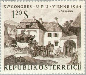 Stamp, "Mail Relay Station" by J. Hörmann, Austria,  , Vehicles, Postal Services, Mammals, Horses, Paintings, Postal Traffic, Mailcoaches, Conferences, Animals (Fauna)