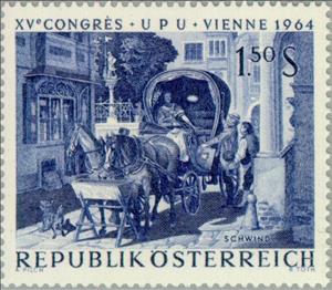Stamp, "The Honeymoon Trip" by M. von Schwind, Austria,  , Vehicles, Mammals, Horses, Paintings, Conferences, Animals (Fauna), Carriages