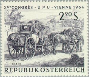 Stamp, "Mailcoach in the Mountains" by A. Klein, Austria,  , Vehicles, Postal Services, Mammals, Horses, Paintings, Postal Traffic, Mailcoaches, Conferences, Animals (Fauna)