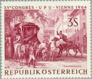 Stamp, "Coach at Mail Relay Station" by F. Gauermann, Austria,  , Vehicles, Postal Services, Mammals, Horses, Paintings, Postal Traffic, Mailcoaches, Conferences, Animals (Fauna)