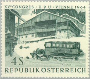 Stamp, Halftrack bus in a high mountain region, Austria,  , Houses, Postal Services, Cars, Postal Traffic, Trucks, Mountains, Conferences, Omnibuses