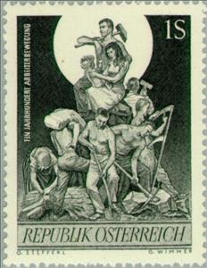 Stamp, Working people as a pyramid under a sun, Austria,  , Tools, Labour Organisations, Professions, Sun