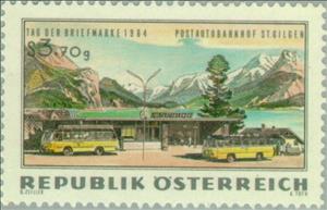 Stamp, Post car terminal St. Gilgen, Austria,  , Landscapes, Postal Services, Cars, Postal Traffic, Mountains, Stamp Day, Omnibuses