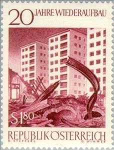 Stamp, New construction behind ruins of houses, Austria,  , Houses, Ruins