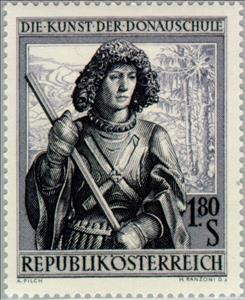 Stamp, "Holy George", sculpture of Seitenstetten Benedictine Abbey, Austria,  , Sculptures, Saints, Statues, Art
