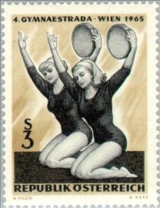 Stamp, Gymnasts with tambourine, Austria,  , Sport, Gymnastics