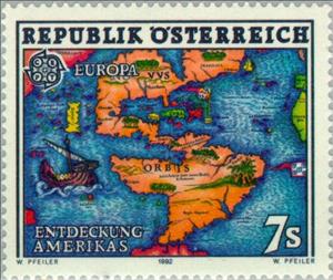 Stamp, Map of America (16th Cty.), Austria,  , Cartography, Postal Unions, Maps, C.E.P.T., Europe, Discoveries