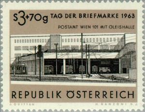 Stamp, Post office Vienna 101, West Station & train shed, Austria,  , Postal Services, Philately, Railways, Stations, Stamp Day, Buildings