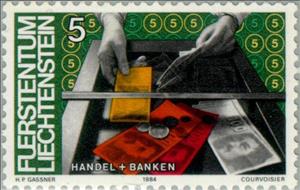 Stamp, Occupations- Banking and trading, Liechtenstein,  , Economy, Coins, Numismatics, Banks, Banknotes