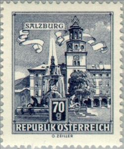 Stamp, Residence Fountain, Salzburg, Austria,  , Towers, Fountains, Buildings, UNESCO World Heritage Sites