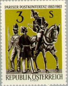 Stamp, Postmen in 1863 uniforms, Austria,  , Postal Services, Mammals, Uniforms, Horses, Postal Traffic, Conferences, Animals (Fauna)