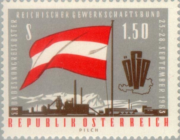 Flag & Austrian map with letters "OGB", industrial plant