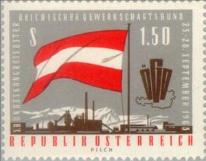 Stamp, Flag & Austrian map with letters "OGB", industrial plant, Austria,  , Flags, Maps, Industry, Conferences, Trade