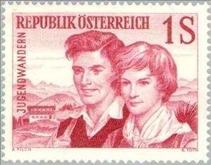 Stamp, Youth couple in front of landscape with youth hostel, Austria,  , Youth Hostels, Heroes