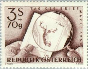 Stamp, Hands with magnifier & test print of MiNr. AT 1065, Austria,  , Optical Instruments, Stamps, Philately, Stamp Day